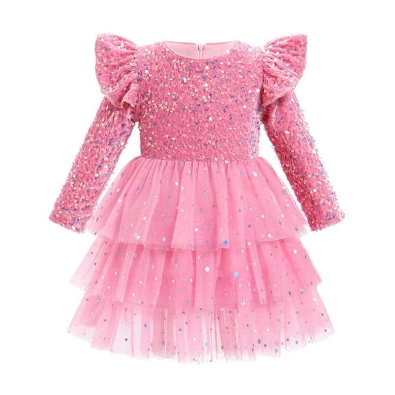 IDOPIP Toddler Girls Sequins Velvet Tutu Dress Glitter Christmas Tiered Mesh Dress 18-24 Month Pink
