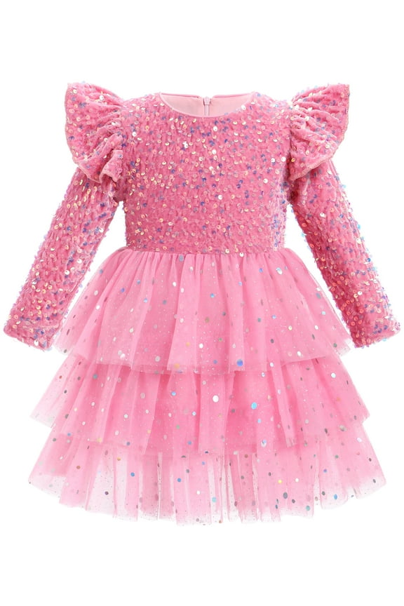 Toddler Girls Sequins Velvet Tutu Dress Glitter Christmas Tiered Mesh Dress 18-24 Month Pink