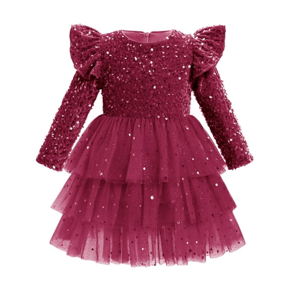 IDOPIP Toddler Girls Sequins Velvet Tutu Dress Glitter Christmas Tiered Mesh Dress 2-3 Years Wine Red