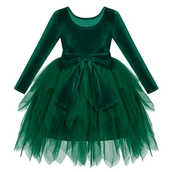 IDOPIP Toddler Girls Velvet Tulle Tutu Dress Long Sleeve Bowknot Christmas Dress Fall Winter Dresses