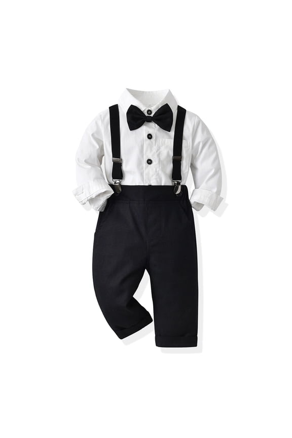 Toddler Kids Baby Boys Gentleman Outfit Striped Shirt with Bowtie + Long Suspender Pants Overalls Clothes Wedding Baptism Formal Suit