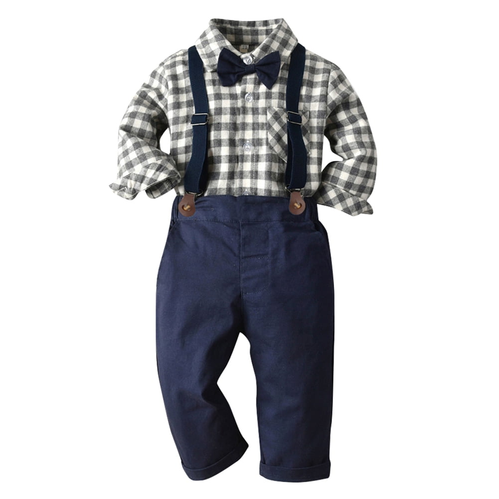 IDOPIP Toddler Kids Baby Boys Gentleman Outfit Striped Shirt with Bowtie + Long Suspender Pants Overalls Clothes Wedding Baptism Formal Suit
