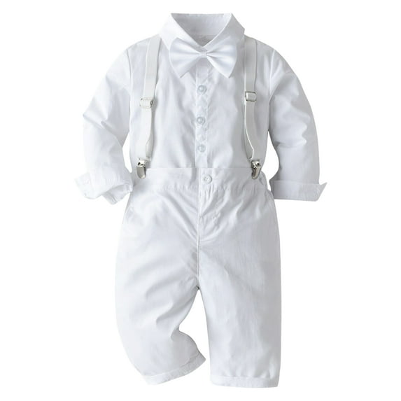 IDOPIP Toddler Kids Baby Boys Gentleman Outfit Striped Shirt with Bowtie + Long Suspender Pants Overalls Clothes Wedding Baptism Formal Suit