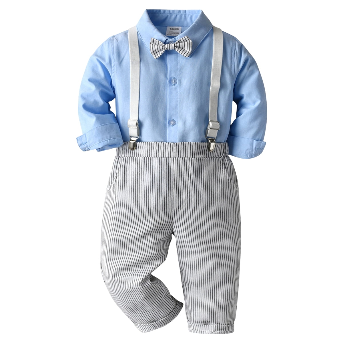 IDOPIP Toddler Kids Baby Boys Gentleman Outfit Striped Shirt with Bowtie + Long Suspender Pants