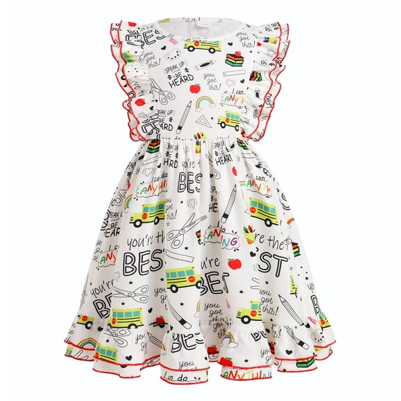 IDOPIP Toddler Kids Girls Back to School Dress Cartoon Print Ruffle Dresses First Day of School Outfit