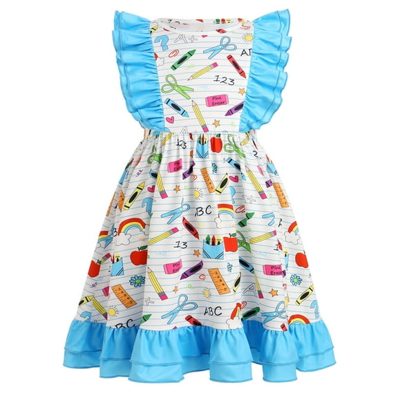 IDOPIP Toddler Kids Girls Back to School Dress Cartoon Print Ruffle Dresses First Day of School Outfit