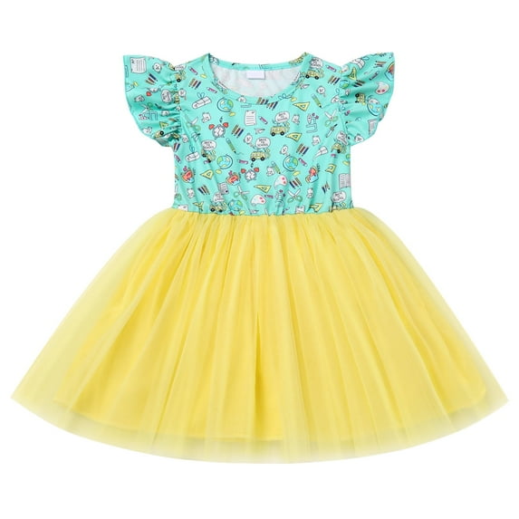 IDOPIP Toddler Kids Girls Back to School Tulle Tutu Dress Pencil Print First Day of School Outfit