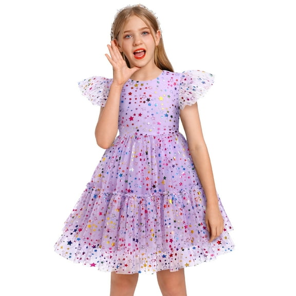 IDOPIP Toddler Kids Girls Sequin Star Tutu Dress Ruffle Sparkle Tulle Wedding Party Princess Dress