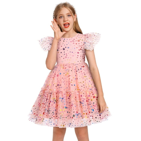 IDOPIP Toddler Kids Girls Sequin Star Tutu Dress Ruffle Sparkle Tulle Wedding Party Princess Dress