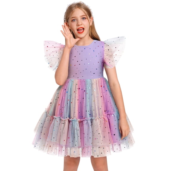 IDOPIP Toddler Kids Girls Sequin Star Tutu Dress Ruffle Sparkle Tulle Wedding Party Princess Dress