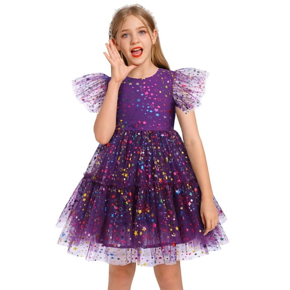 IDOPIP Toddler Kids Girls Sequin Star Tutu Dress Ruffle Sparkle Tulle Wedding Party Princess Dress