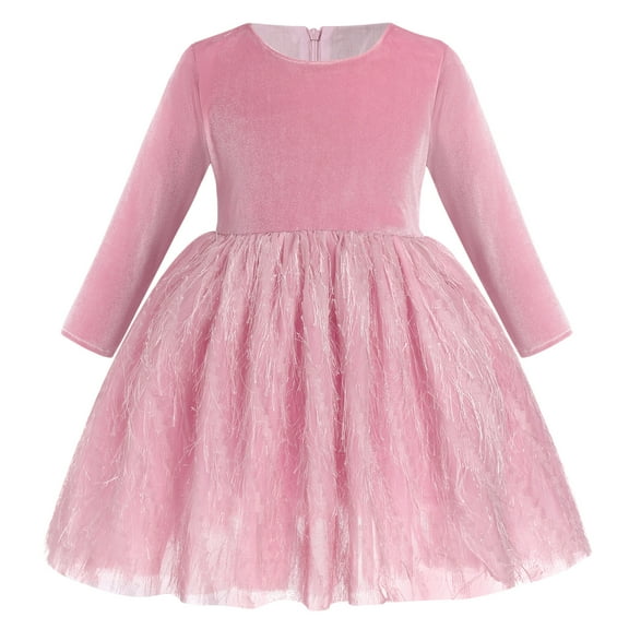IDOPIP Toddler Kids Girls Shiny Velvet Dress Long Sleeve Fall Winter Christmas Dresses 80 Pink