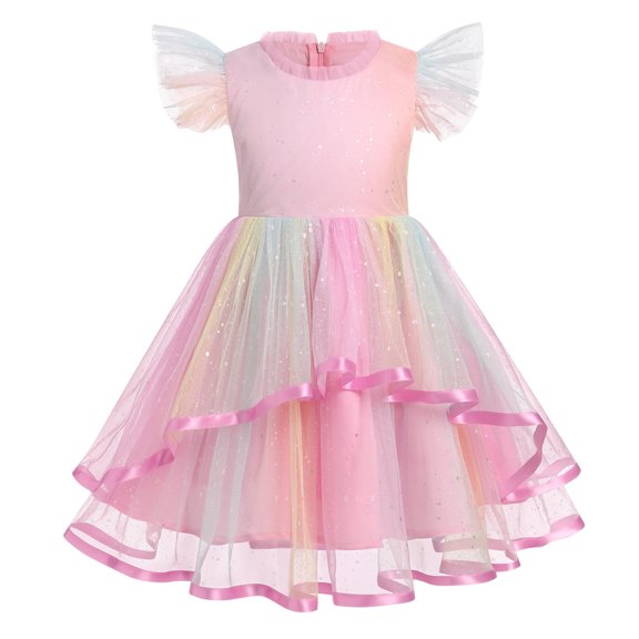 IDOPIP Toddler Party Dress Girls Butterfly Daisy sequins Princess Dress Ruffle Tulle Tutu Wedding Dress