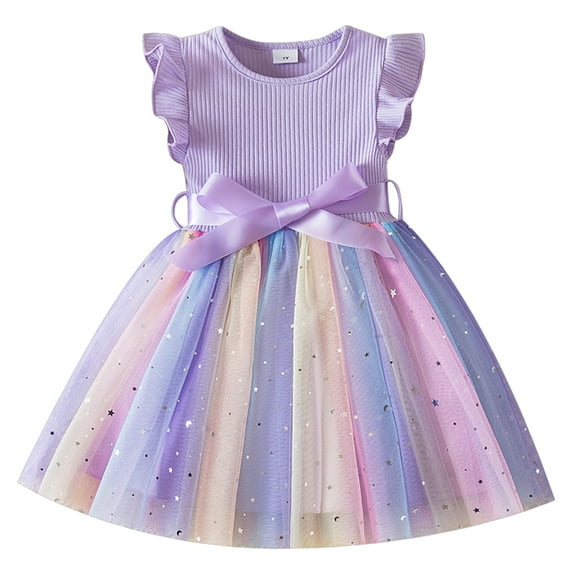 IDOPIP Toddlers Girls Tutu Dress Ruffle Sleeve Sequins Tulle Dress Party Birthday Princess Dresses 1-5Years