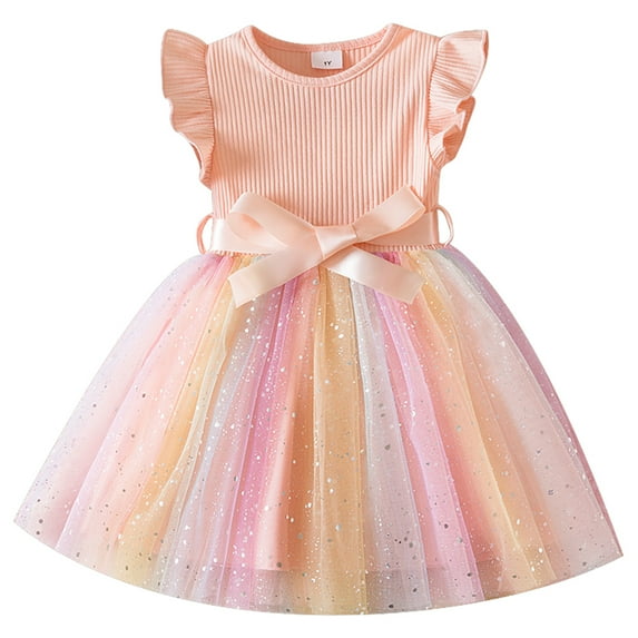 IDOPIP Toddlers Girls Tutu Dress Ruffle Sleeve Sequins Tulle Dress Party Birthday Princess Dresses 1-5Years