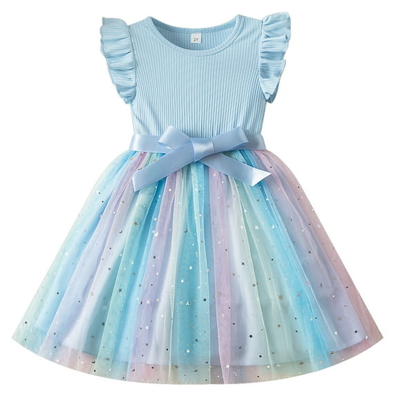 IDOPIP Toddlers Girls Tutu Dress Ruffle Sleeve Sequins Tulle Dress Party Birthday Princess Dresses 1-5Years