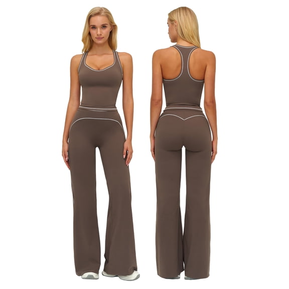 IDOPIP Two Piece Workout Sets for Women Racerback Compression Contrast Tank Top Matching High Waist Wide Leg Yoga Jogger Tummy Control Bell Bottom Flare Pants Pilates Running Outfits