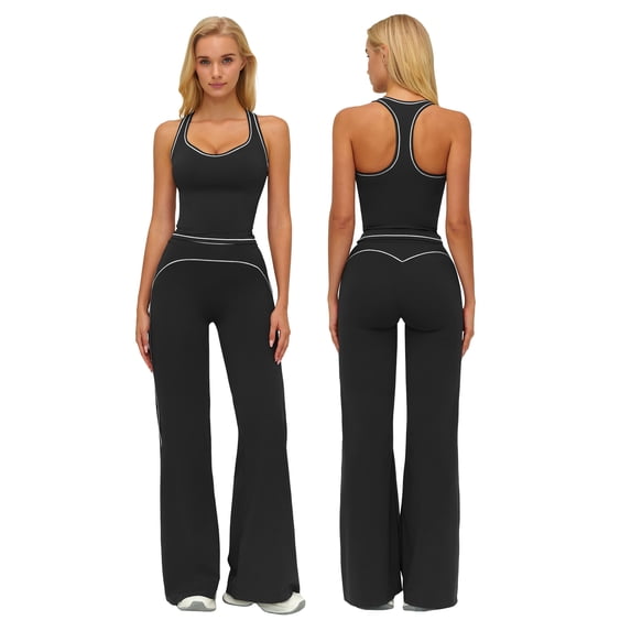 IDOPIP Two Piece Workout Sets for Women Racerback Compression Contrast Tank Top Matching High Waist Wide Leg Yoga Jogger Tummy Control Bell Bottom Flare Pants Pilates Running Outfits