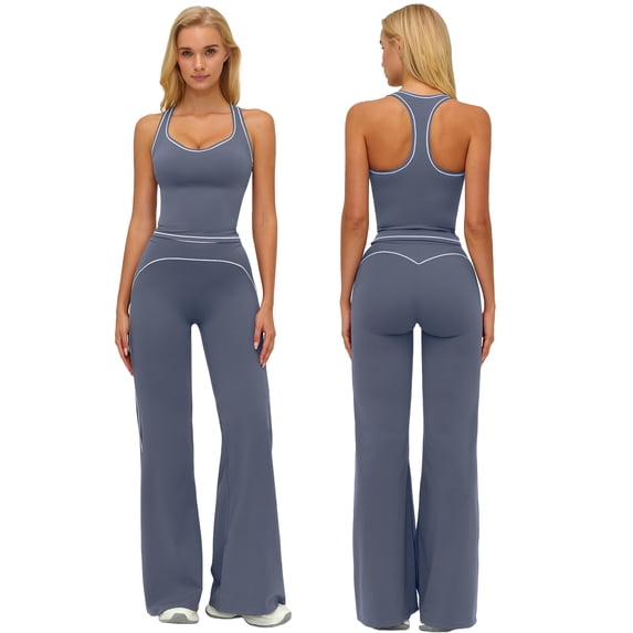 IDOPIP Two Piece Workout Sets for Women Racerback Compression Contrast Tank Top Matching High Waist Wide Leg Yoga Jogger Tummy Control Bell Bottom Flare Pants Pilates Running Outfits
