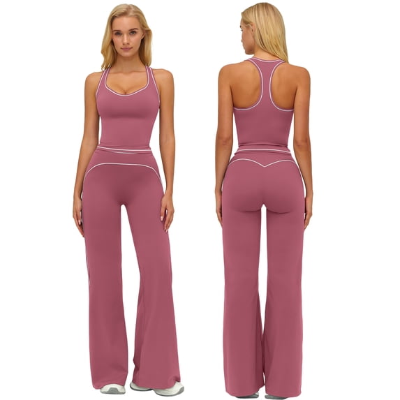 IDOPIP Two Piece Workout Sets for Women Racerback Compression Contrast Tank Top Matching High Waist Wide Leg Yoga Jogger Tummy Control Bell Bottom Flare Pants Pilates Running Outfits