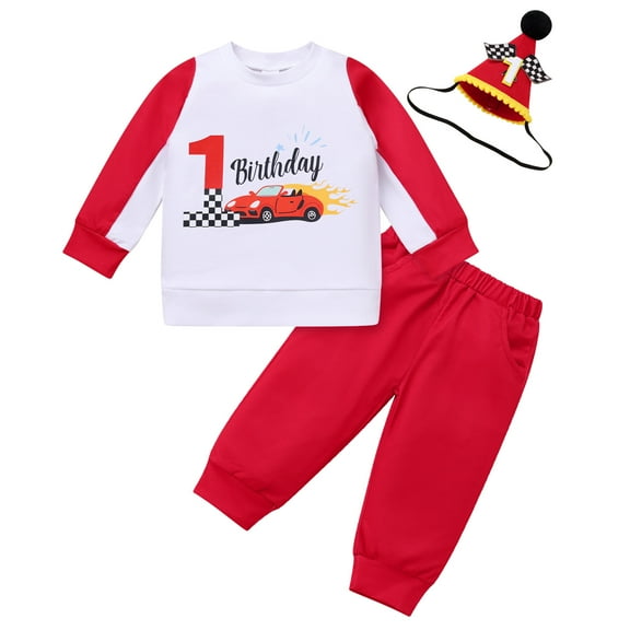 IDOPIP Unisex Baby 1st Birthday Outfits Race Car Driver Clothes Winter Crew Neck Long Sleeve Tops Red Pants Size 12-18M