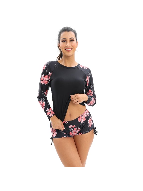 Women 2 PC Rash Guard Long Sleeve Swimsuits Swim Shirt with Shorts Set Surf Bathing Suits