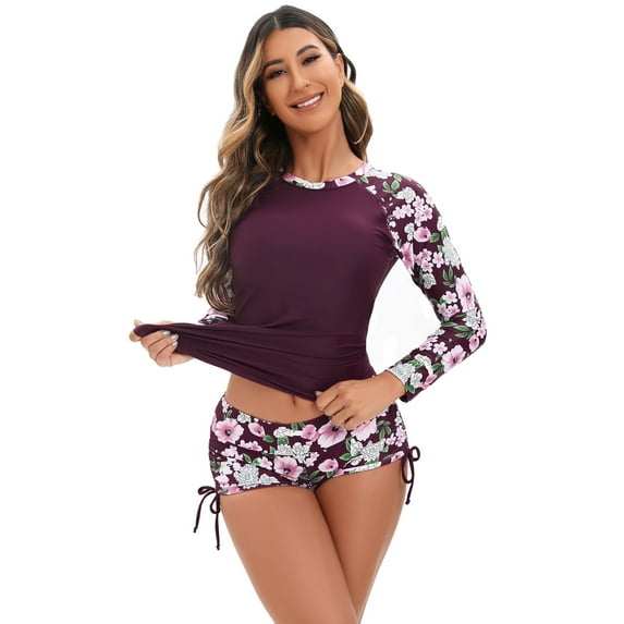 IDOPIP Women 2 PC Rash Guard Long Sleeve Swimsuits Swim Shirt with Shorts Set Surf Bathing Suits