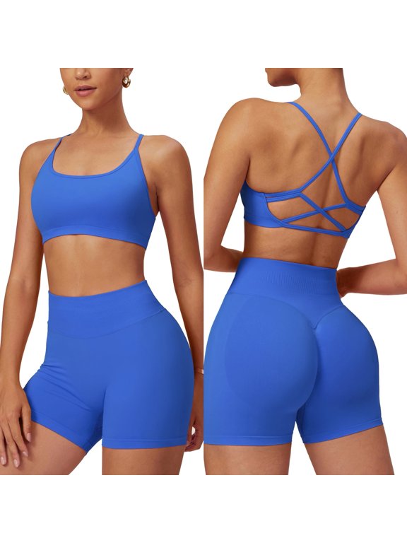 Women 2 Piece Seamless Backless Yoga Sport Sets High Waist Shorts and Sports Bra Gym Athletic Clothing Workout Outfits
