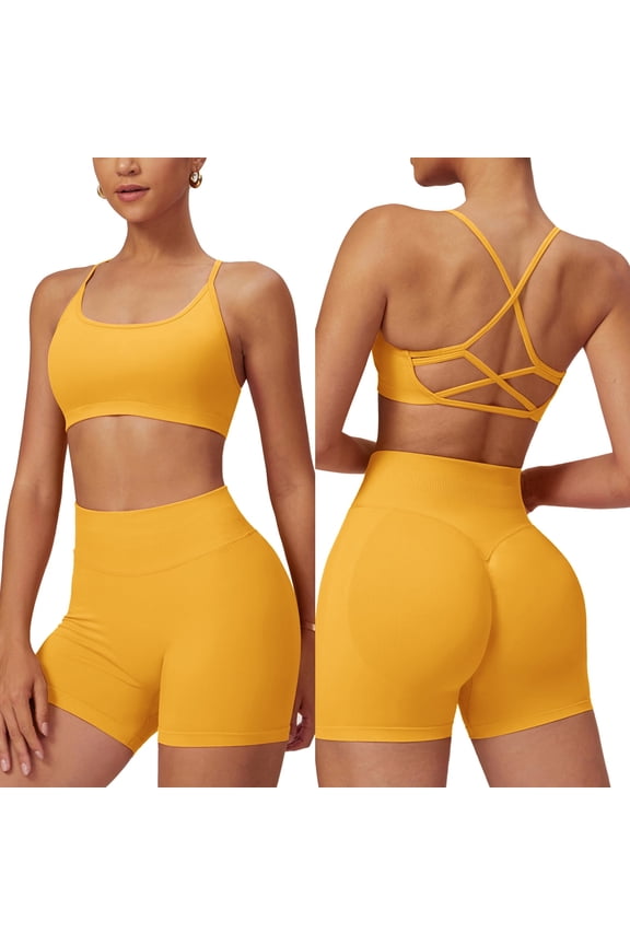 Women 2 Piece Sets Seamless Backless Yoga Outfits High Waist Shorts and Sports Bra Gym Athletic Clothing
