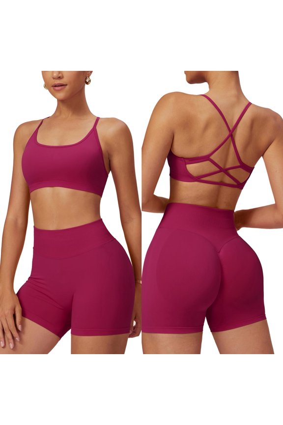 Women 2 Piece Sets Seamless Backless Yoga Outfits High Waist Shorts and Sports Bra Gym Athletic Clothing