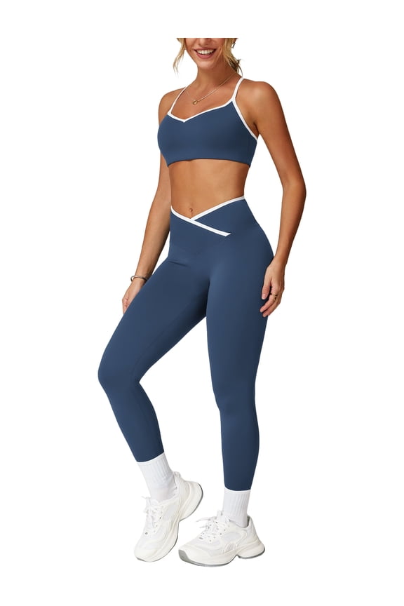 Women 2 Piece Workout Sets Color Block Strappy Sports Bra High Waist Leggings Gym Yoga Pilates Sports Outfits S Navy