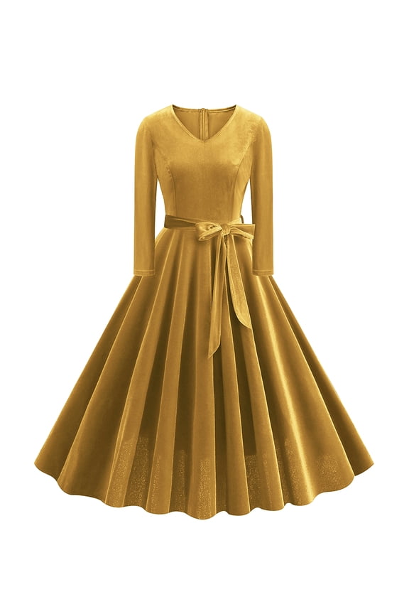 Women 3/4 Sleeve Velvet Vintage Tea Dress Formal Cocktail Wedding Midi V-Neck Party Dress