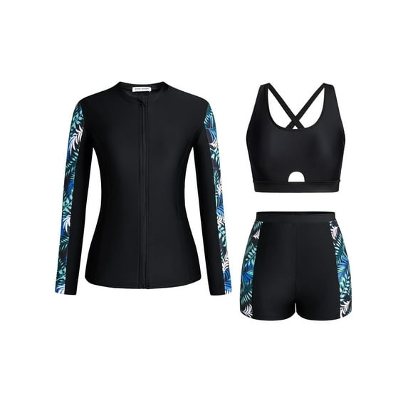 IDOPIP Women 3 Piece Rash Guard - Long Sleeve Swimsuit Built in Bra Swim Shirt Zip Bathing Suit with Shorts S-2XL