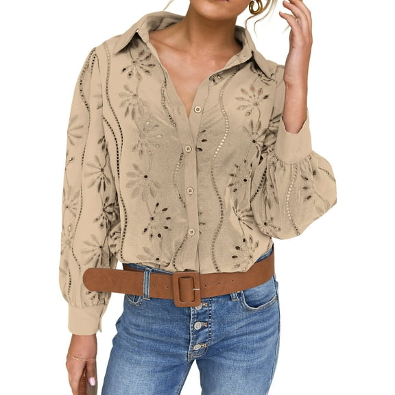 IDOPIP Women Blouses Elegant Plain Beige V Neck Tshirts Button Up Puff Long Sleeve Spring Tops for Ladies Size L