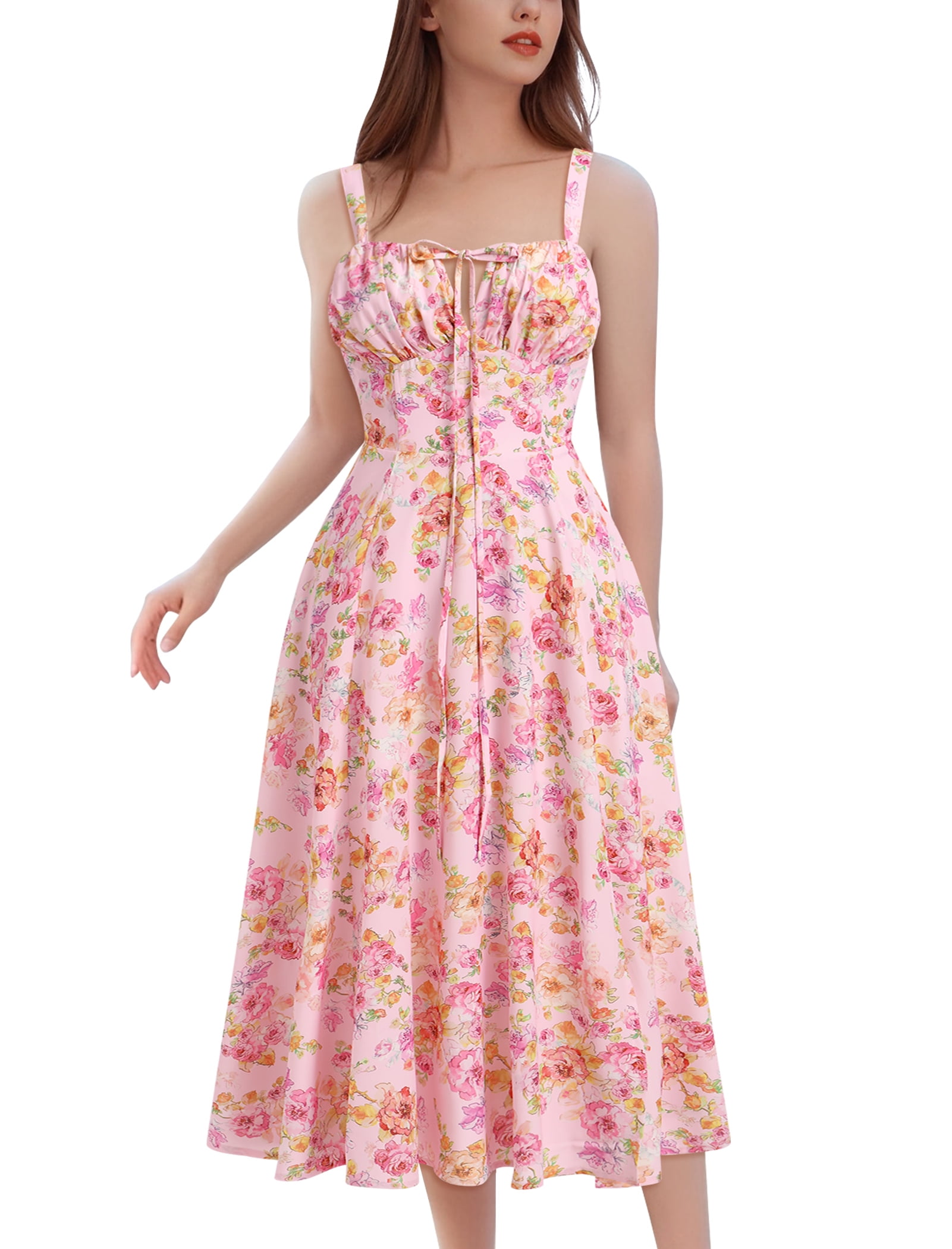 Idopip Women Floral Midi Corset Dress Boho Flowy Slit Lace Up Dresses