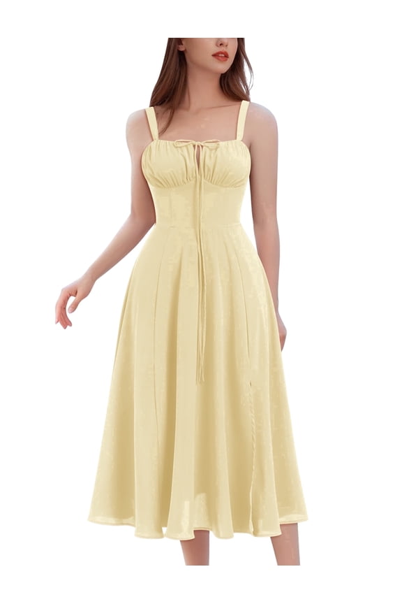 Women Floral Corset Spaghetti Strap Casual Sundress 2026 Summer Square Neck Boho Flowy Midi Slit Dress