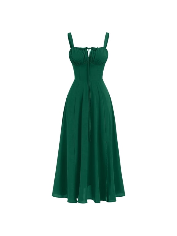 Women Floral Corset Spaghetti Strap Casual Sundress 2026 Summer Square Neck Boho Flowy Midi Slit Dress
