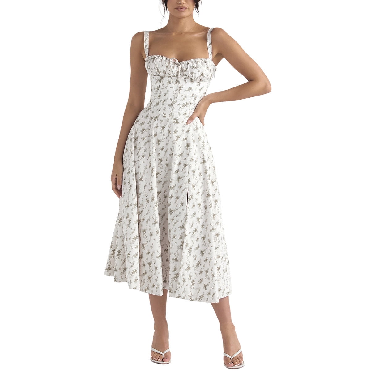 IDOPIP Women Floral Midi Corset Dress Boho Flowy Slit Lace Up Dresses ...