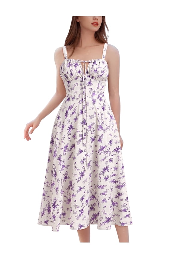 Women Floral Corset Spaghetti Strap Casual Sundress 2026 Summer Square Neck Boho Flowy Midi Slit Dress