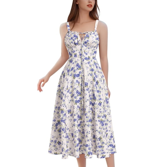 IDOPIP Women Floral Midi Corset Dress Boho Flowy Slit Lace Up Dresses Flowy Slit Bustier Dresses