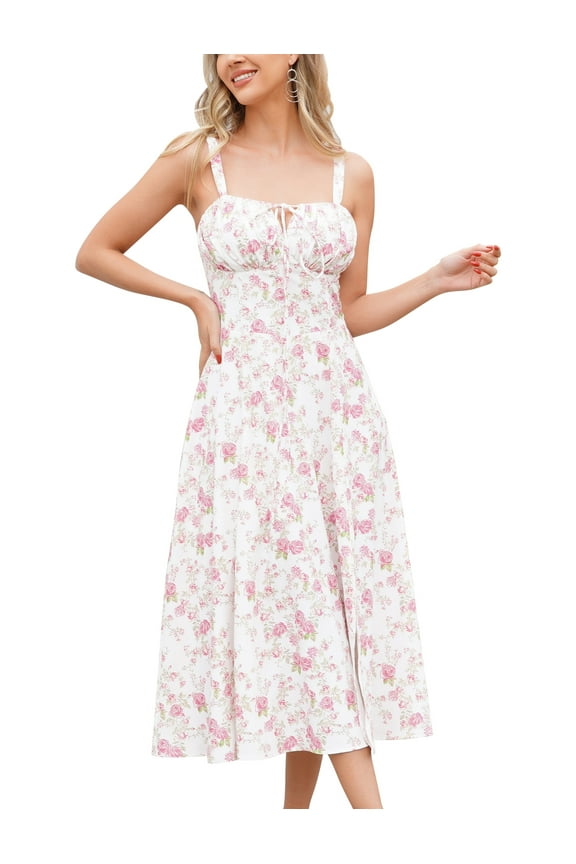Women Floral Midi Corset Dress Boho Flowy Slit Lace Up Dresses Flowy Slit Bustier Dresses