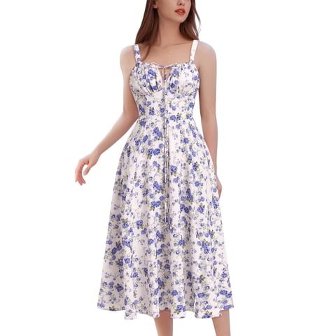 Women Floral Corset Spaghetti Strap Casual Sundress 2026 Summer Square Neck Boho Flowy Midi Slit Dress