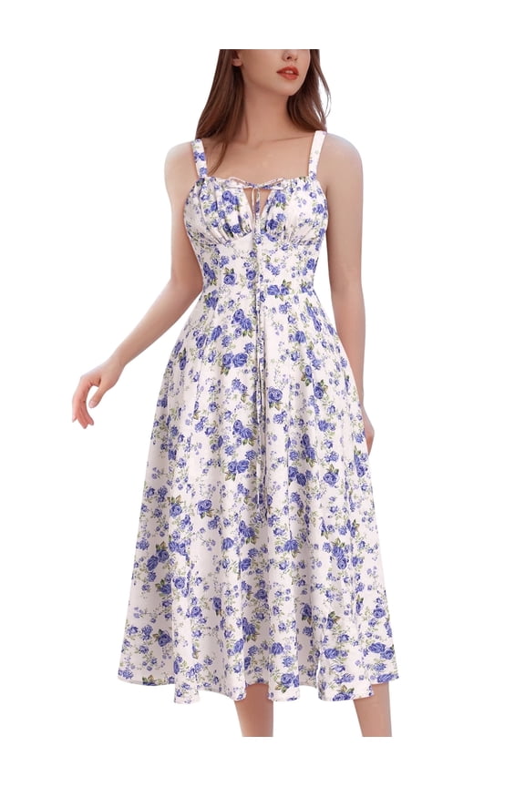 Women Floral Corset Spaghetti Strap Casual Sundress 2026 Summer Square Neck Boho Flowy Midi Slit Dress