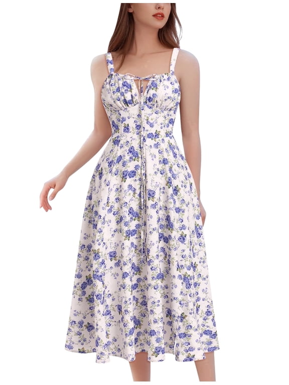 Women Floral Corset Spaghetti Strap Casual Sundress 2026 Summer Square Neck Boho Flowy Midi Slit Dress