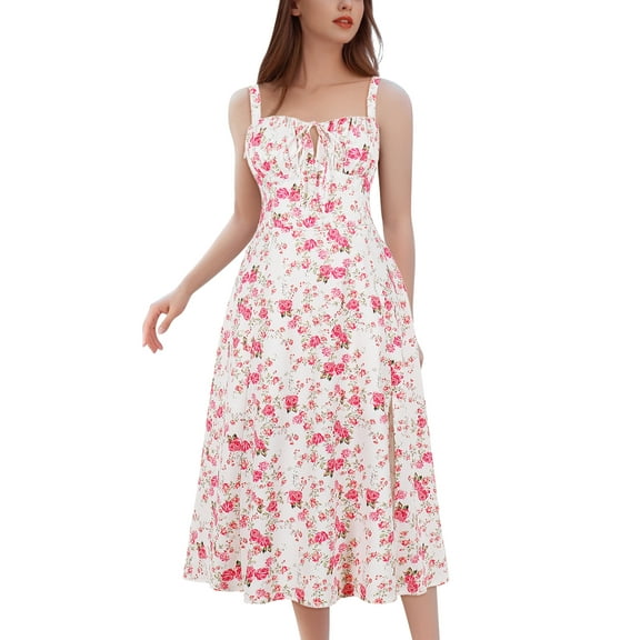 IDOPIP Women Floral Midi Corset Dress Boho Flowy Slit Lace Up Dresses Going Out A Line Casual Sundress