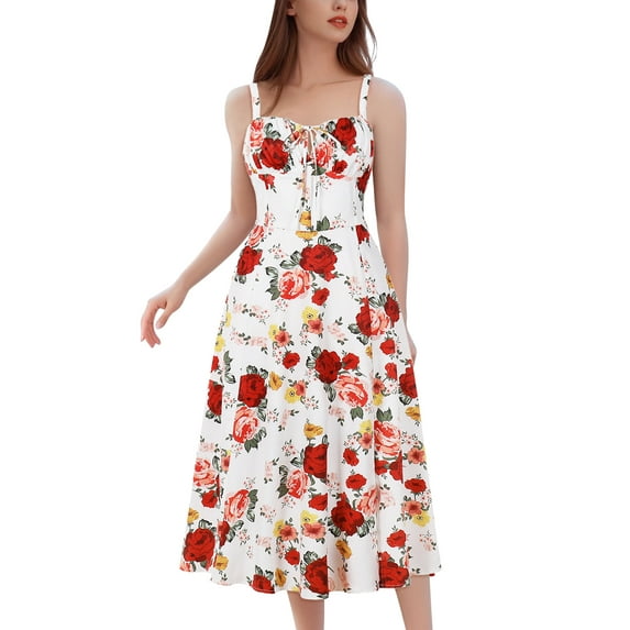 IDOPIP Women Floral Midi Corset Dress Boho Flowy Slit Lace Up Dresses Going Out A Line Casual Sundress