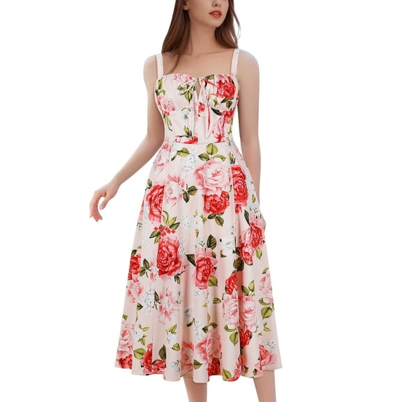 IDOPIP Women Floral Midi Corset Dress Boho Flowy Slit Lace Up Dresses Going Out A Line Casual Sundress