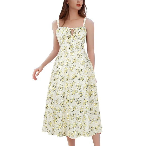 IDOPIP Women Floral Midi Corset Dress Boho Flowy Slit Lace Up Dresses Going Out A Line Casual Sundress