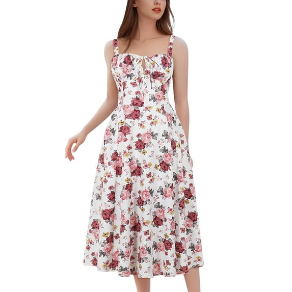 IDOPIP Women Floral Midi Corset Dress Boho Flowy Slit Lace Up Dresses Going Out A Line Casual Sundress
