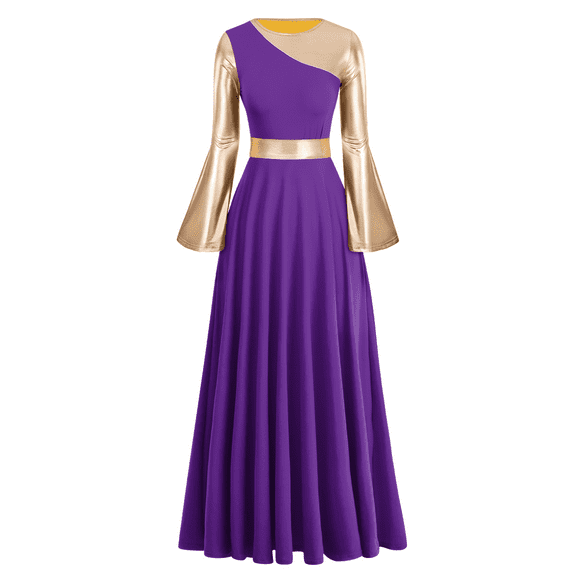 IDOPIP Women Liturgical Praise Dance Long Dress Metallic Bi Color Lyrical Dancewear Worship Costume